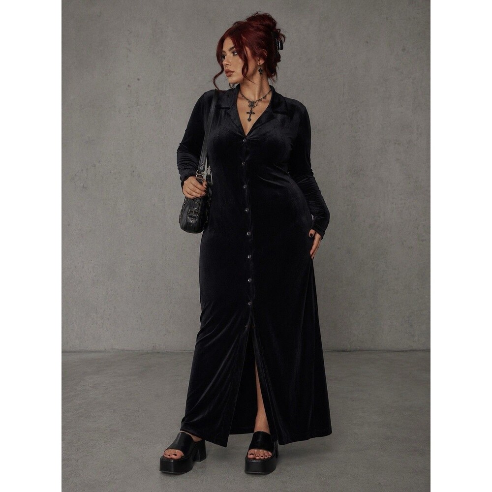 Vintage Black Velvet Maxi Shirt Dress Sz Large Button Front Stretch Whimsy Goth